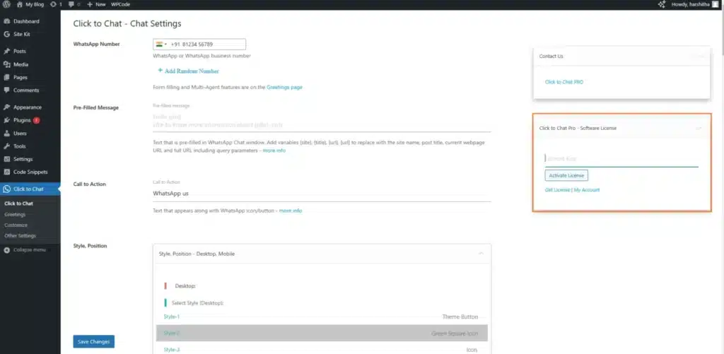 click to chat admin section
