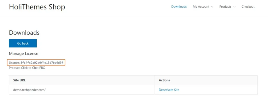 manage license section in holithemes dashboard